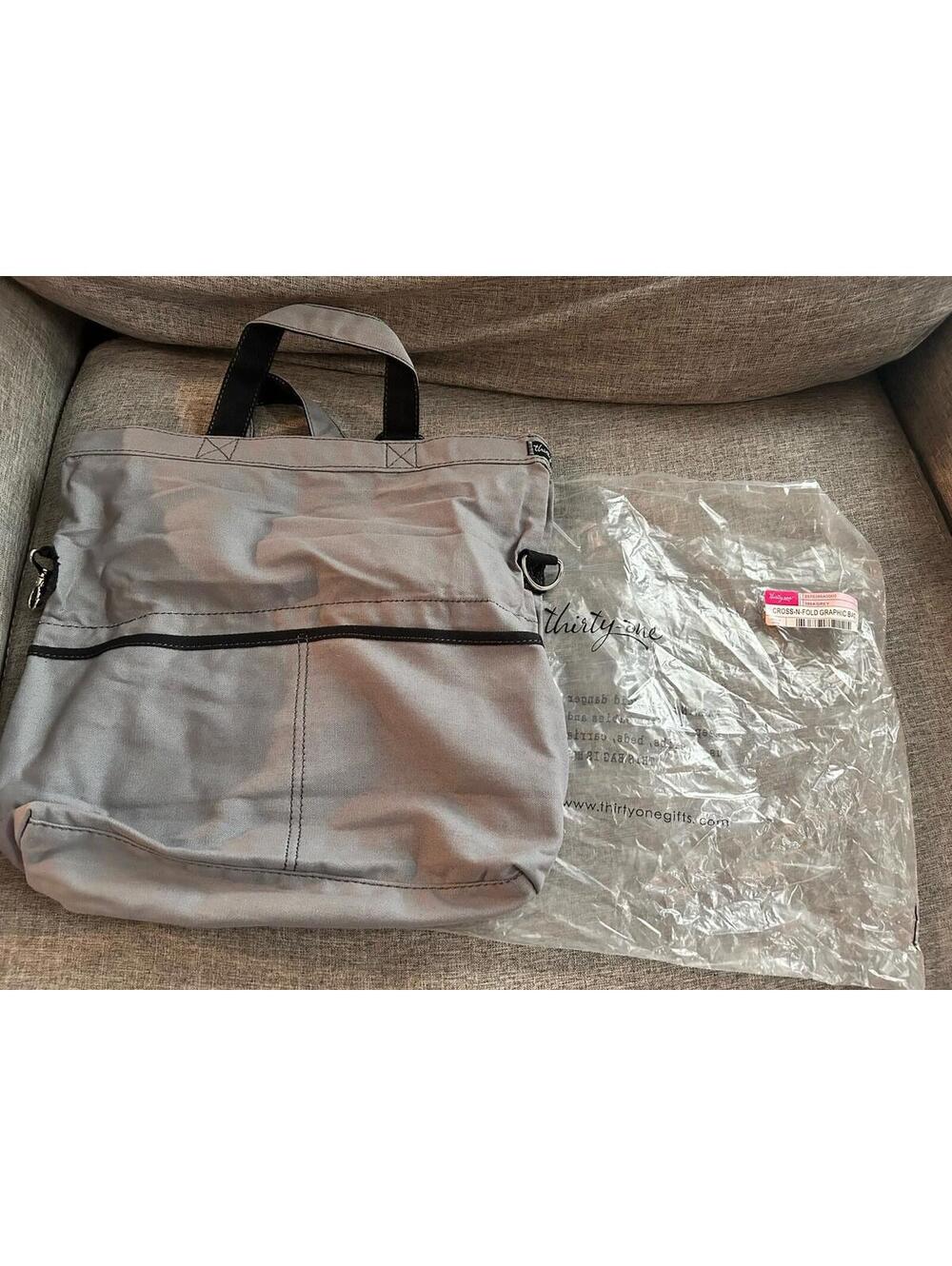 Thirty One Cross N Fold Graphic Bag Gray Crossbody Tote New